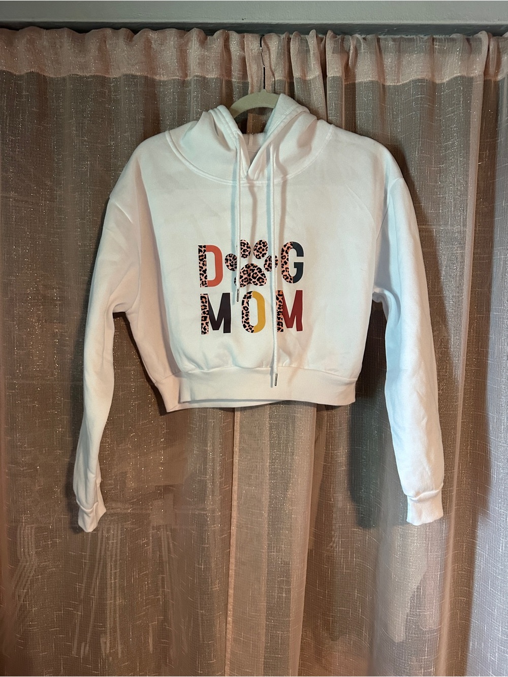 White Dog Mom Cropped Hoodie with Leopard Accent